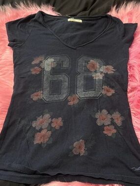 Hollister Navy V-Neck Tee with Pink Floral '68' Graphic